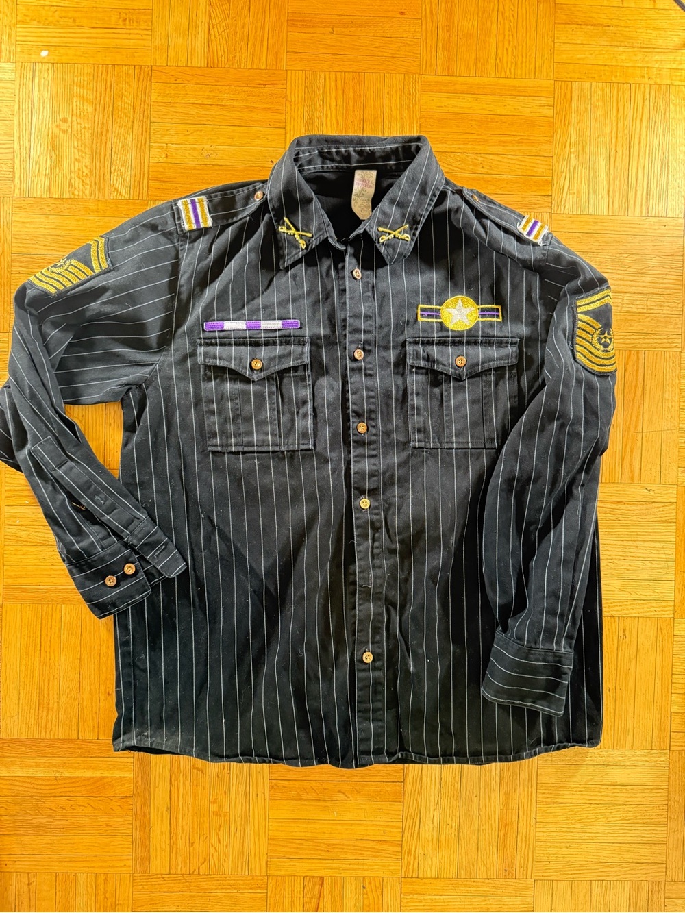 Men's Black Pinstripe Casual Button-Down Shirt with Embroidered Patches